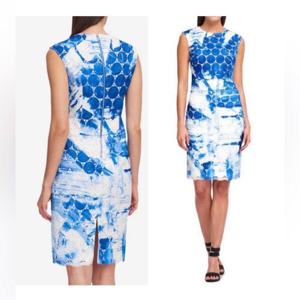 Dkny Blue White Sleeveless Painted Circle-Lace Sheath Dress 6 new